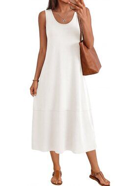 Women's White Cotton Midi Sleeveless Dress Trendy Beach Casual Long Sundress